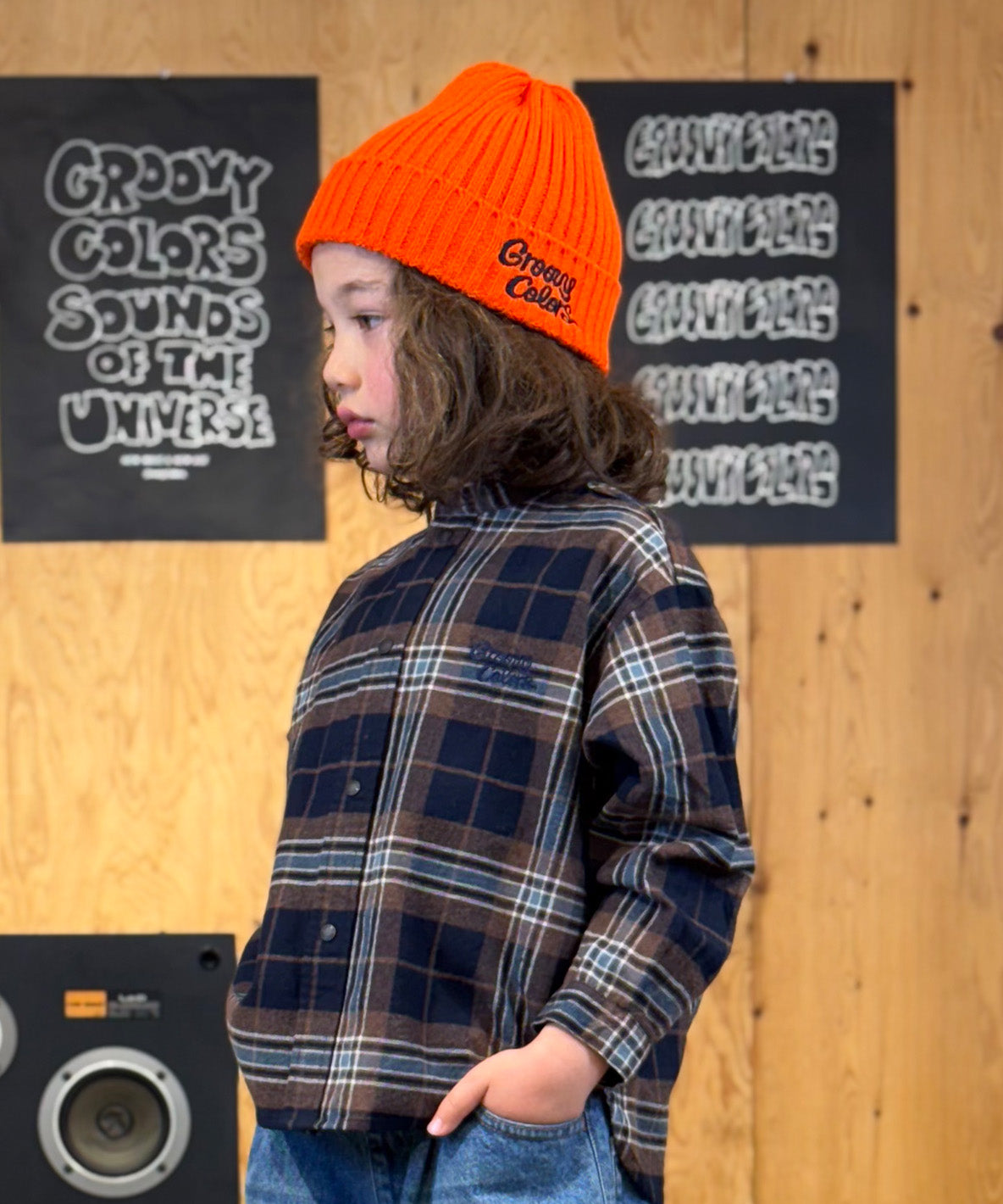 Wool Plaid Band Collar Graffiti Shirt
