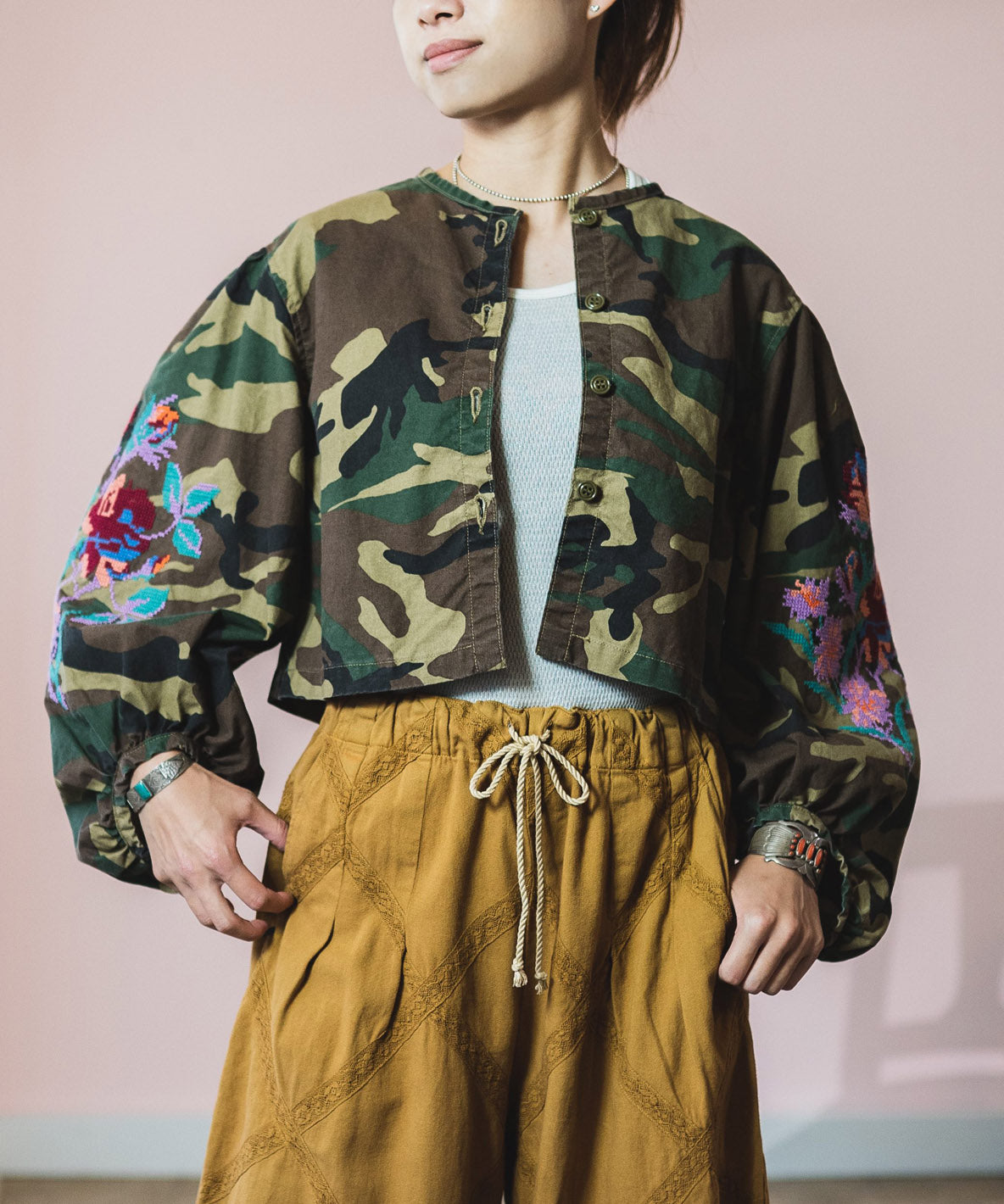 Camouflage Print Puff Sleeves Jacket