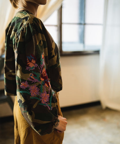 Camouflage Print Puff Sleeves Jacket