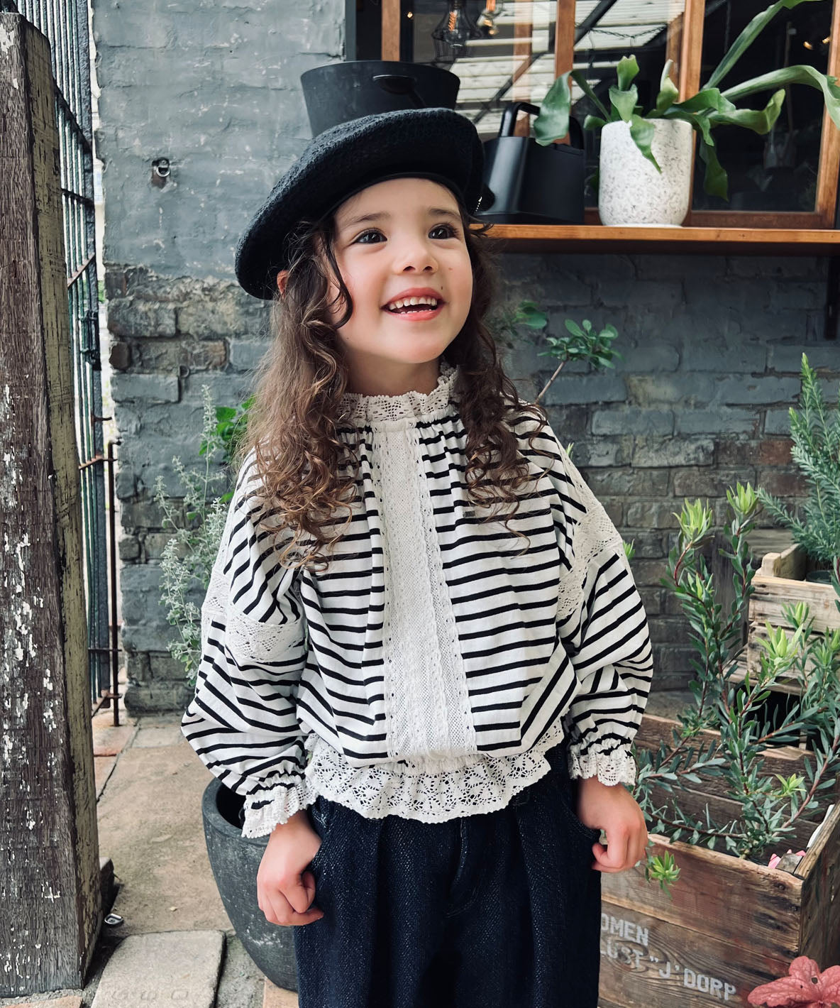 Striped and Lace Smoked Long Sleeve Tee