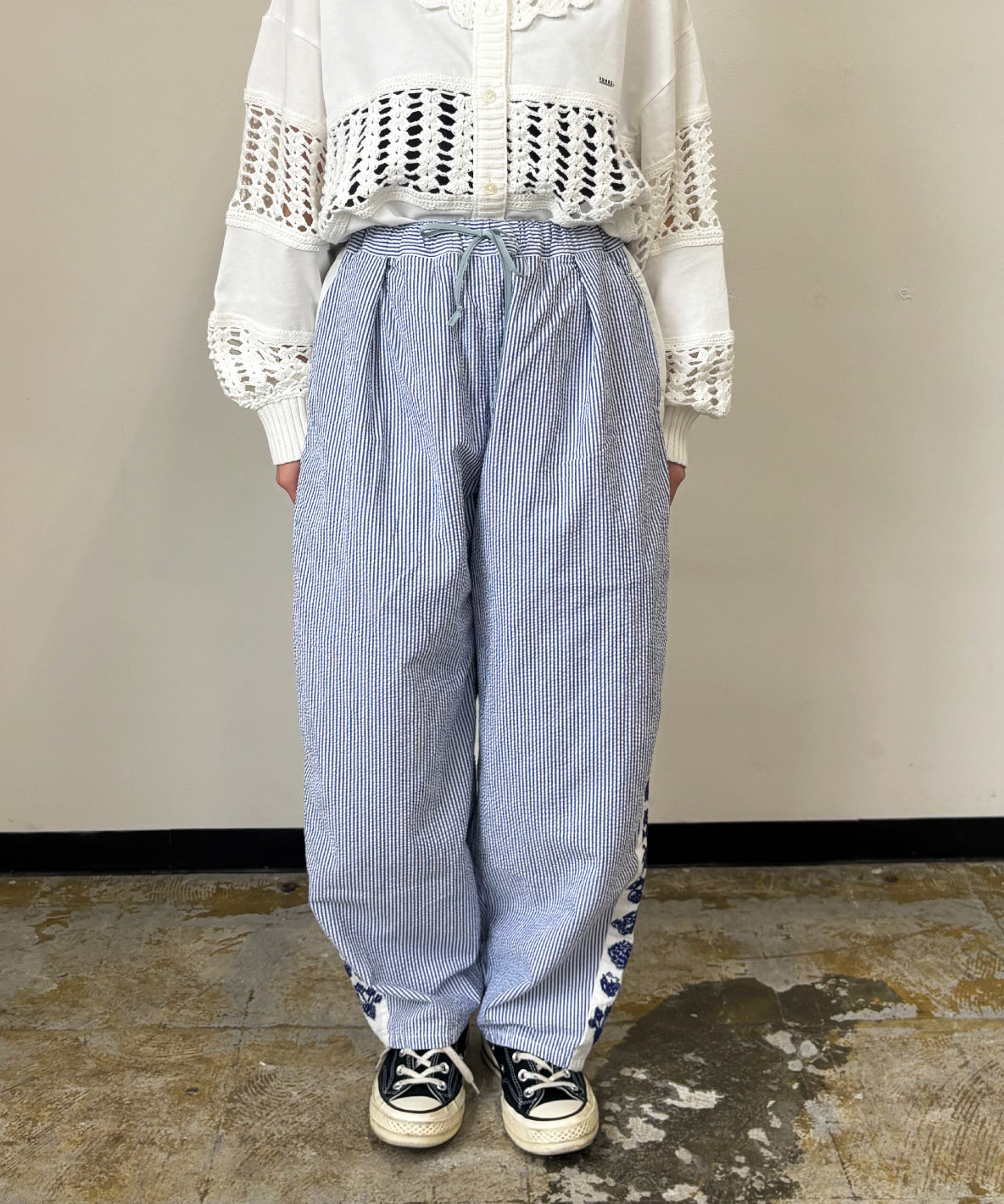 American Cotton Seersucker Line Embroidered Pants